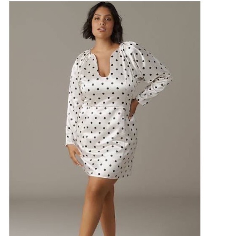 Siempre Anthropologie Polka Dot Long Sleeve Holiday Mini Dress White Black 1X